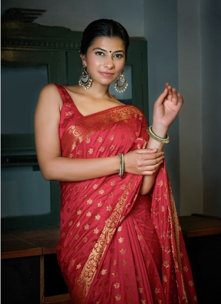 Red Banarasi Dola Silk Weaving Party-Wear Saree