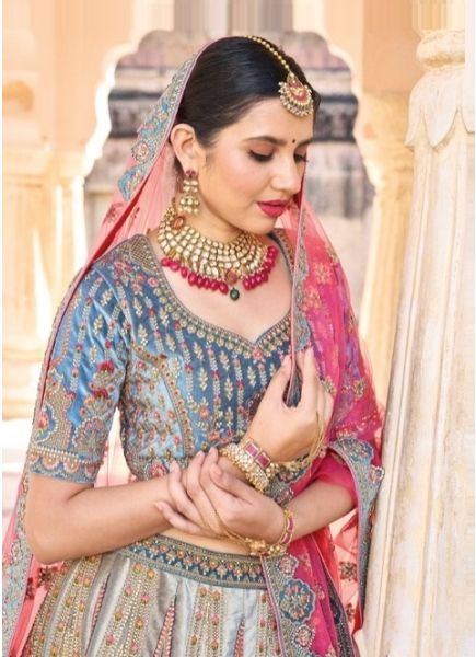 Steel Blue & Pink Silk With Handwork Wedding-Wear Bridal Lehenga Choli