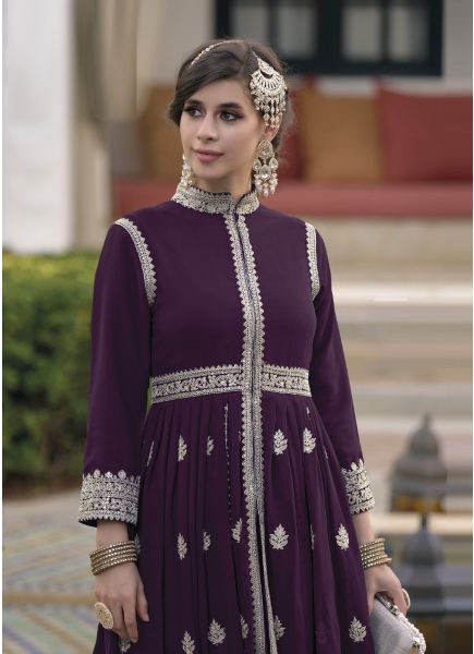 Dark Purple Georgette Embroidered Ramadan-Special Front-Slit Readymade Salwar Kameez