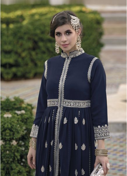 Dark Blue Georgette Embroidered Ramadan-Special Front-Slit Readymade Salwar Kameez
