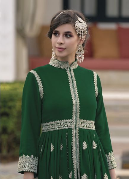 Green Georgette Embroidered Ramadan-Special Front-Slit Readymade Salwar Kameez