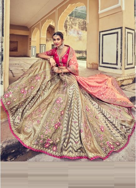 Light Brown & Magenta Silk With Zari, Embroidery & Hand-Work Wedding-Wear Bridal Lehenga Choli