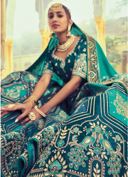 Blue Silk With Zari, Embroidery & Hand-Work Wedding-Wear Bridal Lehenga Choli