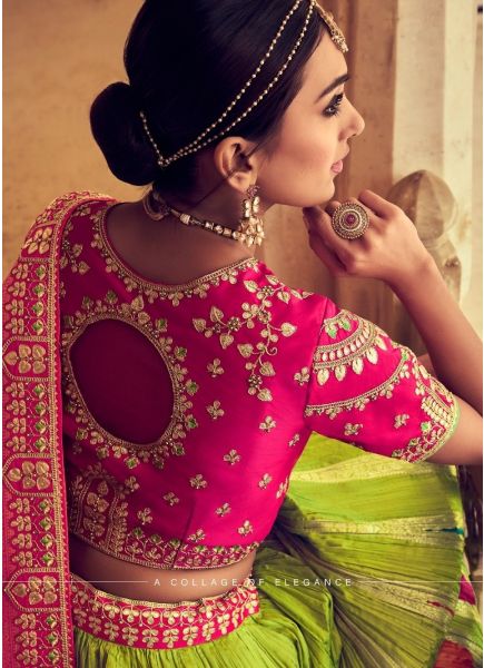 Lemon Green & Magenta Silk With Zari, Embroidery & Hand-Work Wedding-Wear Bridal Lehenga Choli