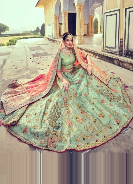 Light Green Silk With Zari, Embroidery & Hand-Work Wedding-Wear Bridal Lehenga Choli