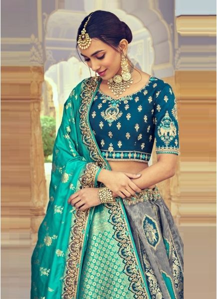 Gray & Teal Blue Silk With Zari, Embroidery & Hand-Work Wedding-Wear Bridal Lehenga Choli