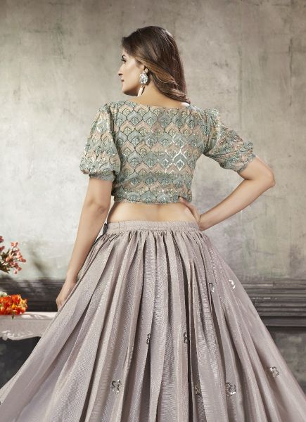 Pinkish Gray Art Silk Sequins-Work Party-Wear Readymade Choli & Skirt Set