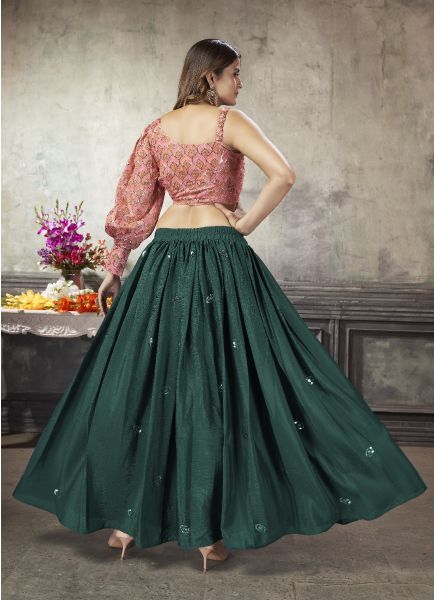Dark Green Art Silk Sequins-Work Party-Wear Readymade Choli & Skirt Set