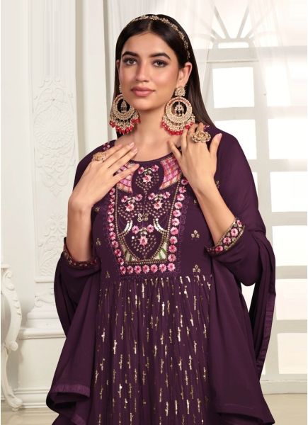 Purple Georgette Embroidered Ramadan-Special Palazzo-Bottom Readymade Salwar Kameez
