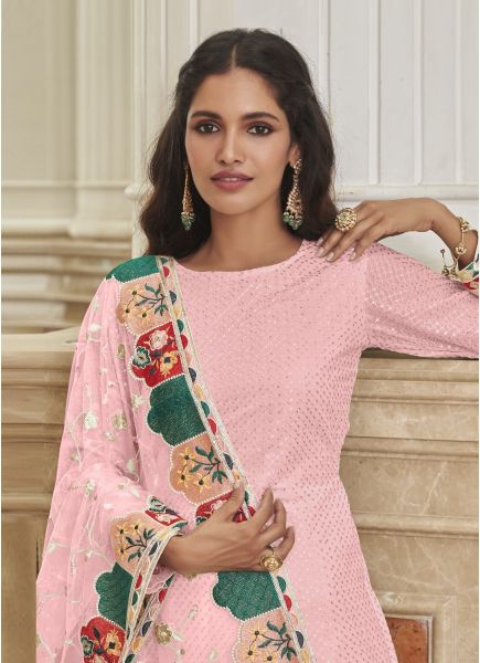 Pink Georgette With Embroidery, Thread & Sequins-Work Party-Wear Salwar Kameez