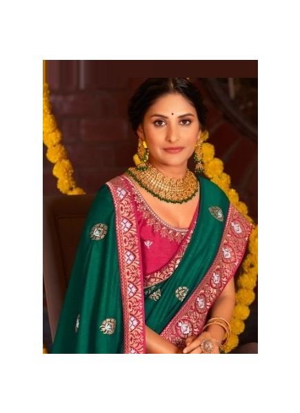 Green Vichitra Silk Embroidered Festive-Wear Saree