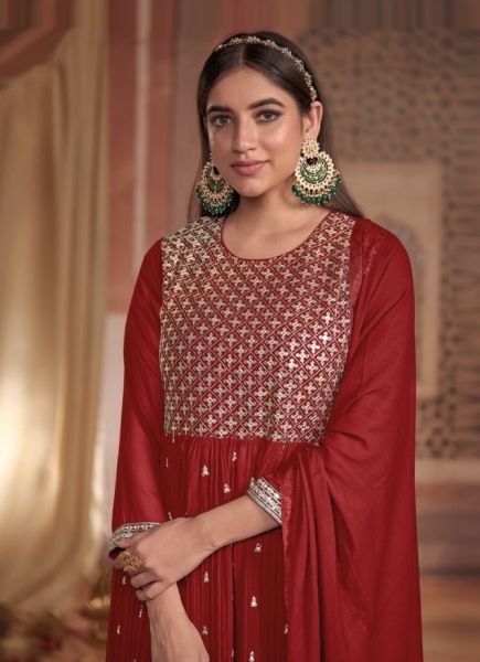 Maroon Georgette Embroidered Party-Wear Nyra-Cut Readymade Salwar Kameez