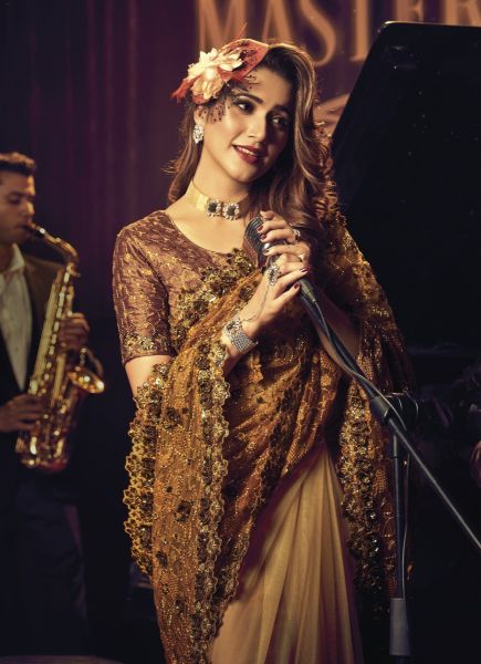 Copper Brown Net With Sequins, Thread, Moti, Zarkan & Hand-Work Wedding-Wear Bridal Saree