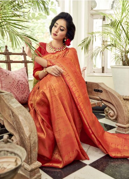 Orange Handloom Weaving Silk Festive-Wear Saree