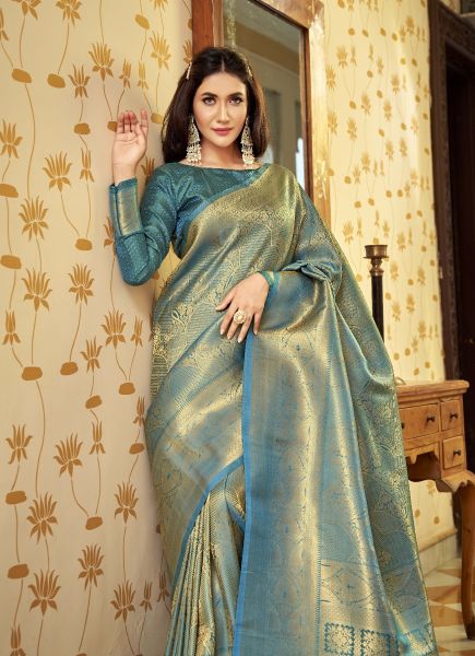 Light Teal Blue Handloom Weaving Silk Festive-Wear Saree