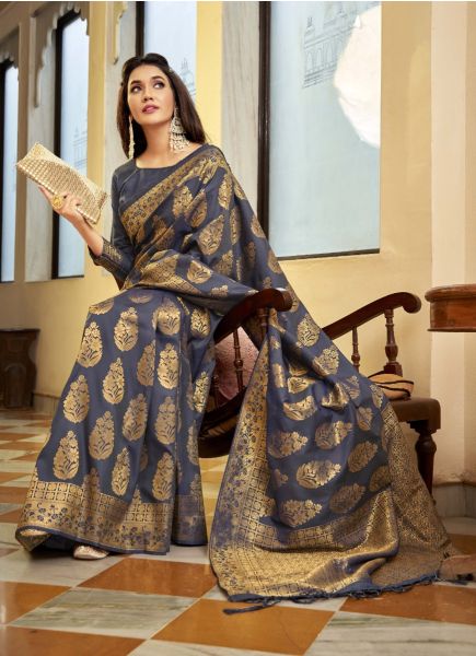 Steel Blue Handloom Weaving Silk Festive-Wear Saree