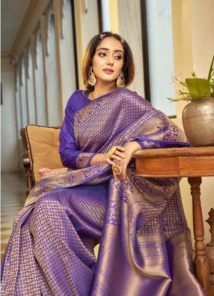 Violet Handloom Weaving Silk Festive-Wear Saree