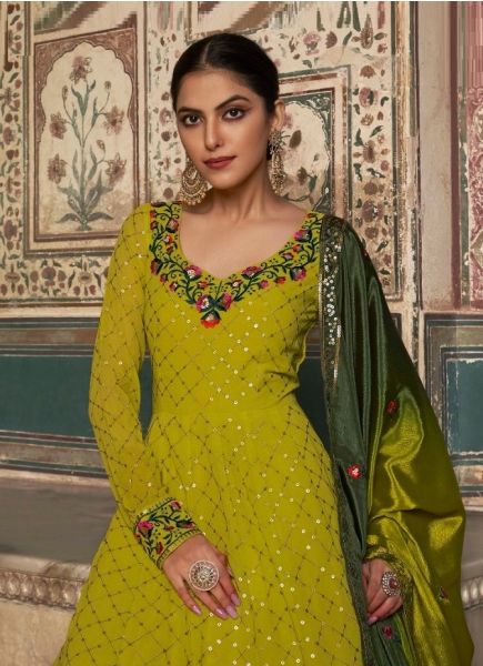 Olive Green Georgette With Thread, Embroidery & Sequins-Work Party-Wear Readymade Gown With Dupatta