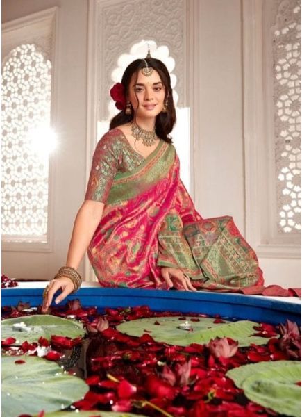 Pink & Light Green Banarasi Silk Embroidered Party-Wear Saree