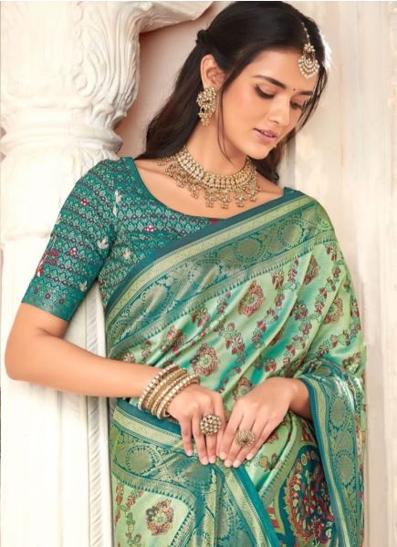 Light Green & Teal Blue Banarasi Silk Embroidered Party-Wear Saree