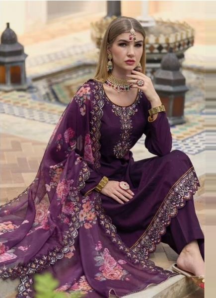 Purple Viscose Silk Handwork & Digital Printed Readymade Salwar Kameez