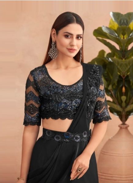 Black Silk Embroidered Party-Wear Lehenga Saree With Attached Dupatta