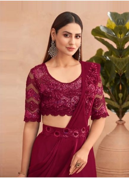 Wine Red Silk Embroidered Party-Wear Lehenga Saree With Attached Dupatta