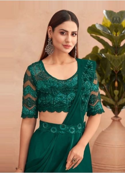 Green Silk Embroidered Party-Wear Lehenga Saree With Attached Dupatta