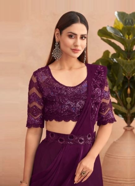 Purple Silk Embroidered Party-Wear Lehenga Saree With Attached Dupatta