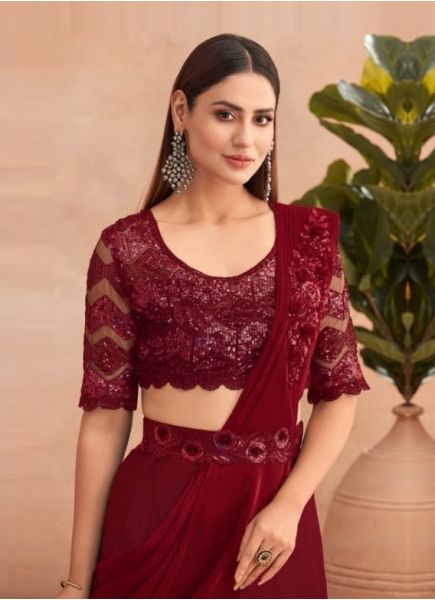Maroon Silk Embroidered Party-Wear Lehenga Saree With Attached Dupatta