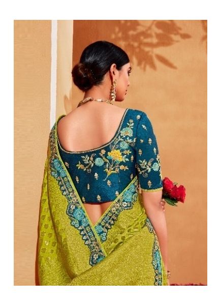 Lime Green & Sea Blue Silk Embroidered Wedding-Wear Saree