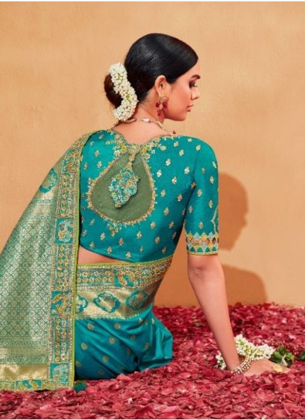Teal Blue & Light Green Silk Embroidered Wedding-Wear Saree