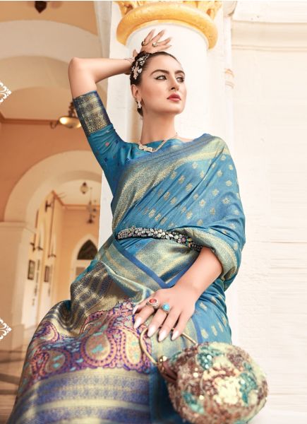 Sky Blue Banarasi Cotton Silk Weaving Festive-Wear Saree