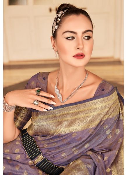 Mauve Banarasi Cotton Silk Weaving Festive-Wear Saree