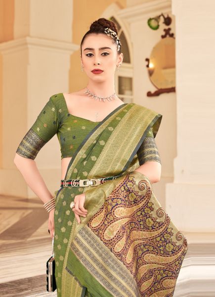 Olive Green Banarasi Cotton Silk Weaving Festive-Wear Saree