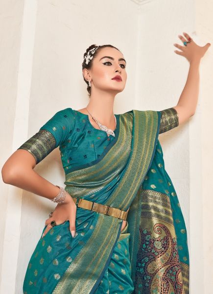 Teal Blue Banarasi Cotton Silk Weaving Festive-Wear Saree