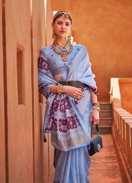 Light Blue Cotton Silk Digitally Printed Festive-Wear Saree