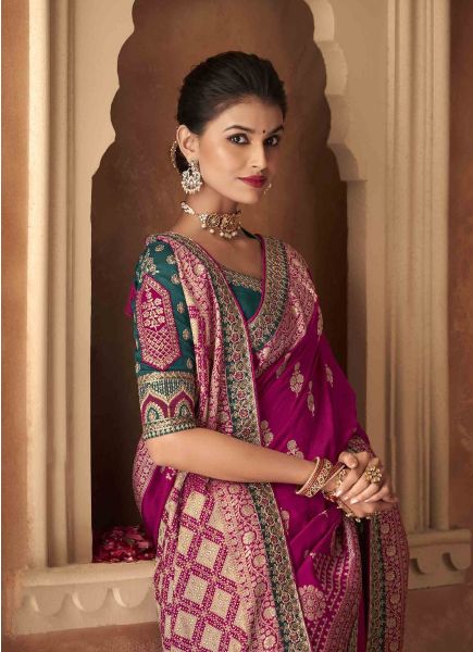 Magenta Pure Dola Rich Pallu Embroidered Wedding-Wear Saree With Double Blouse