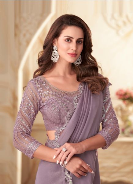 Lilac Georgette Silk Embroidered Party-Wear Boutique Saree