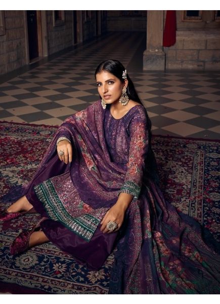 Dark Purple Georgette With Embroidery & Digitally Printed Festive-Wear Straight-Cut Salwar Kameez