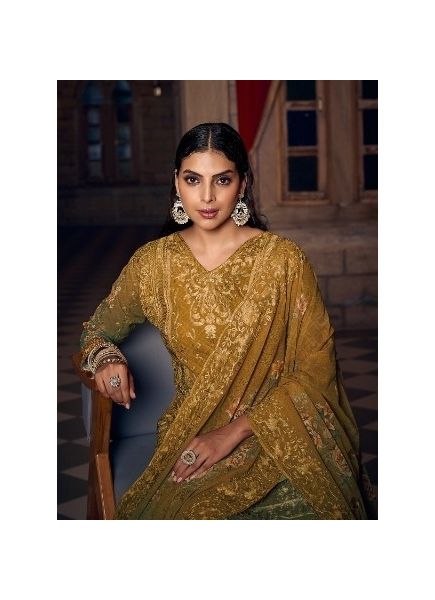 Golden Brown Georgette With Embroidery & Digitally Printed Festive-Wear Straight-Cut Salwar Kameez