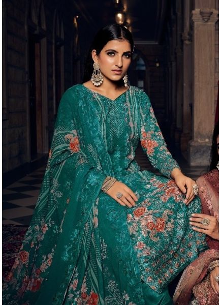 Teal Blue Georgette With Embroidery & Digitally Printed Festive-Wear Straight-Cut Salwar Kameez