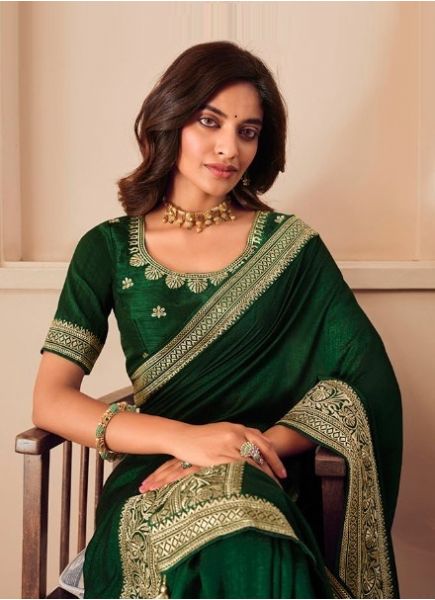 Green Vichitra Silk Zari Embroidered Festive-Wear Saree