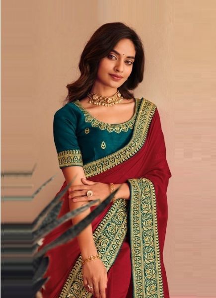 Maroon Vichitra Silk Zari Embroidered Festive-Wear Saree