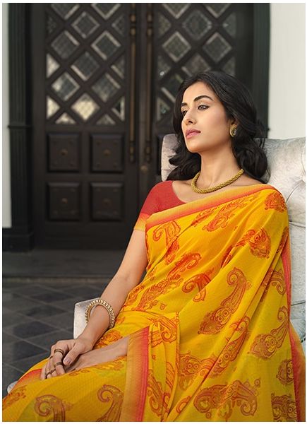 Yellow Georgette Floral Printed Casual-Wear Saree