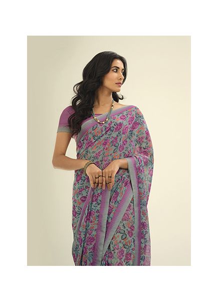 Gray & Lilac Georgette Floral Printed Casual-Wear Saree