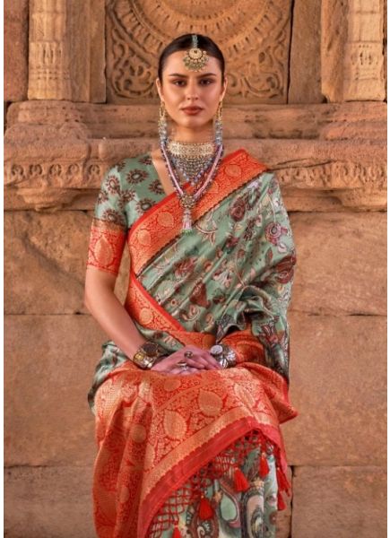 Sage Green & Orange Kalamkari Weaving Party-Wear Silk Saree