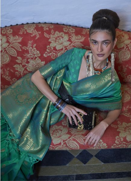 Teal Green Moss Weaving Handloom Silk Festive-Wear Saree