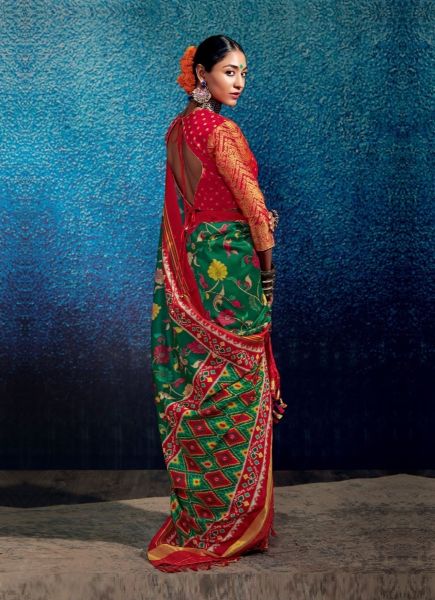 Green & Red Patola Silk Weaving Festive-Wear Saree