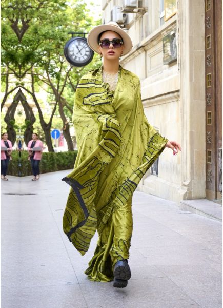 Light Olive Green Satin Crepe Digitally Printed Party-Wear Vibrant Saree